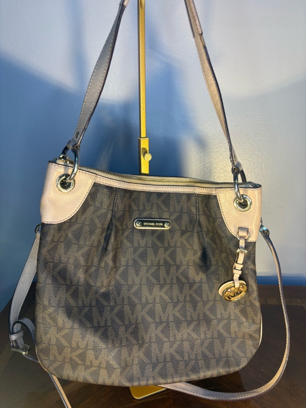Michael Kors Brown Logo Shoulder Bag with Light Tan Trim